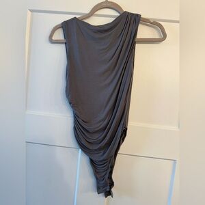 Asymmetrical Draped Bodysuit in Charcoal Gray